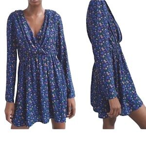 ZARA Dark Floral Shoulder Padded Surplice Neck Midi Dress